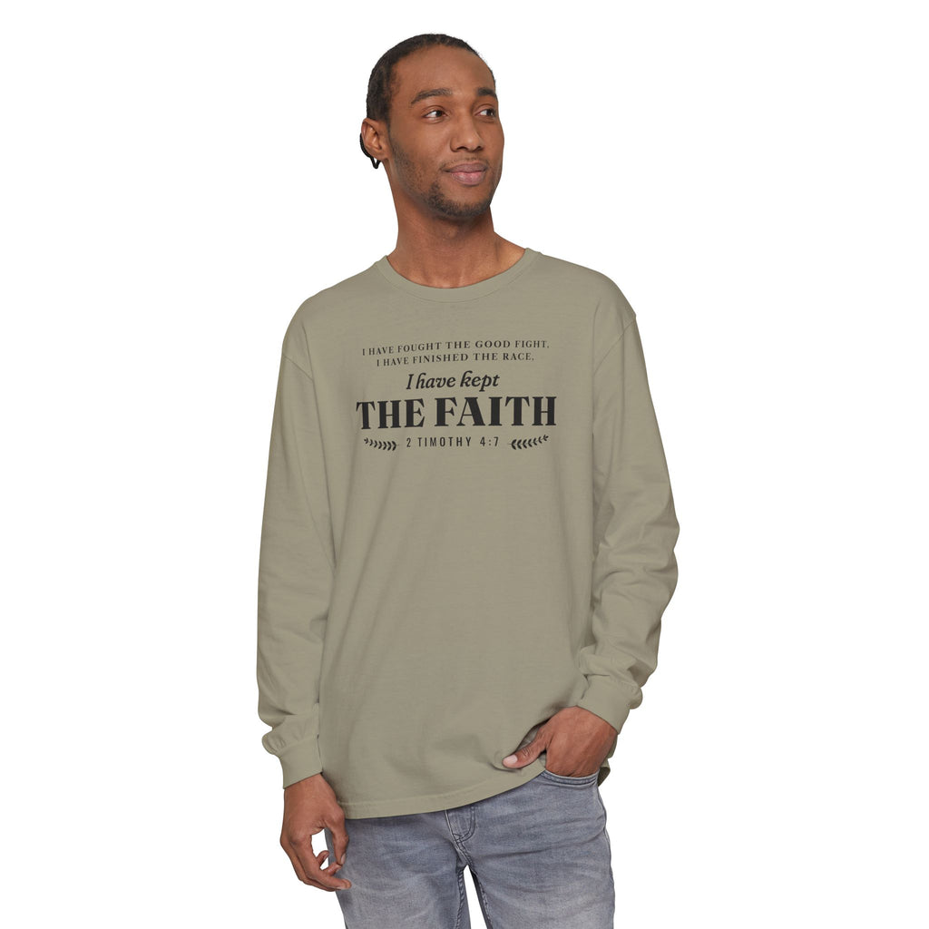 Kept the Faith 2 Timothy 4:7 long sleeve tee in Sandstone, front, model