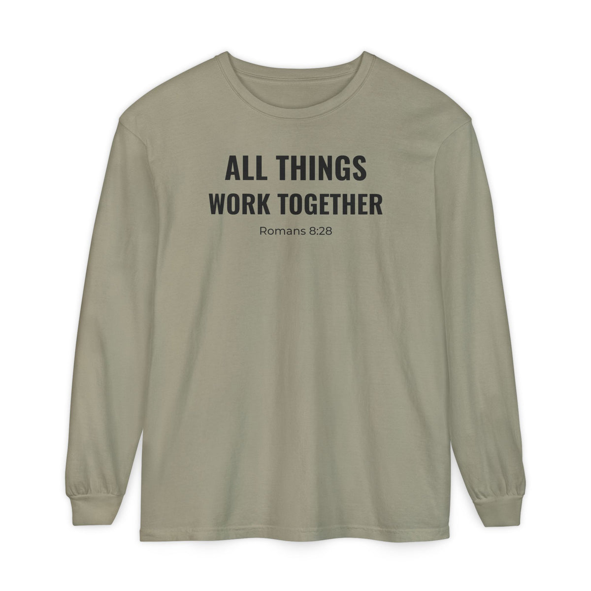 All Things Work Together Romans 8:28 long sleeve tee in sandstone, front mockup