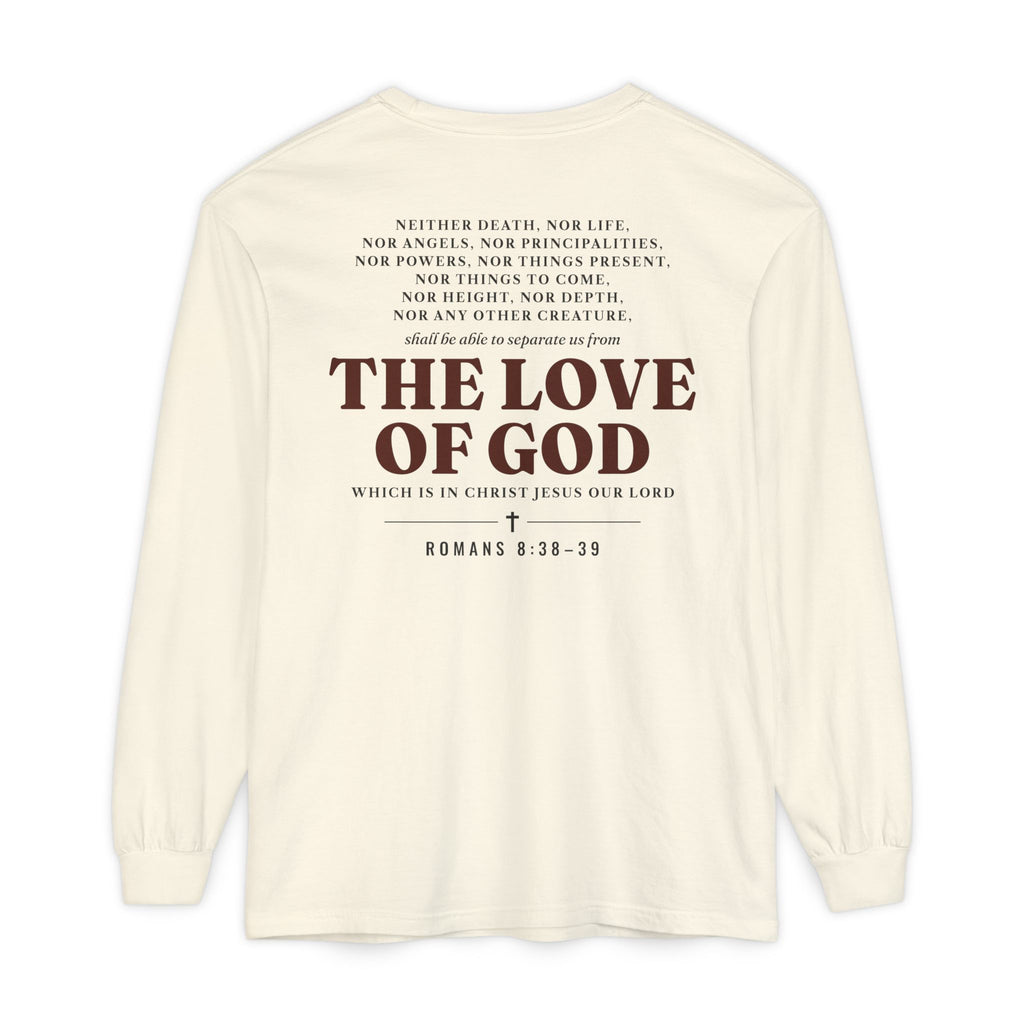 Nothing Can Separate Us Romans 8:38-39 long sleeve tee in Ivory, back print mockup