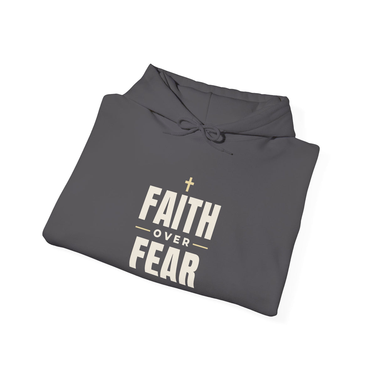 Faith Over Fear Christian hoodie in charcoal, folded mockup