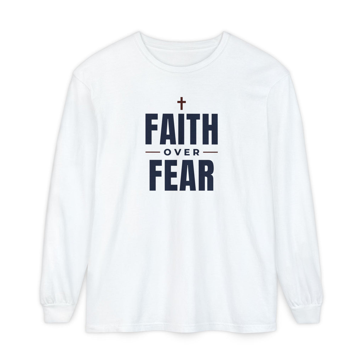 Faith Over Fear Christian long sleeve tee in white, front mockup