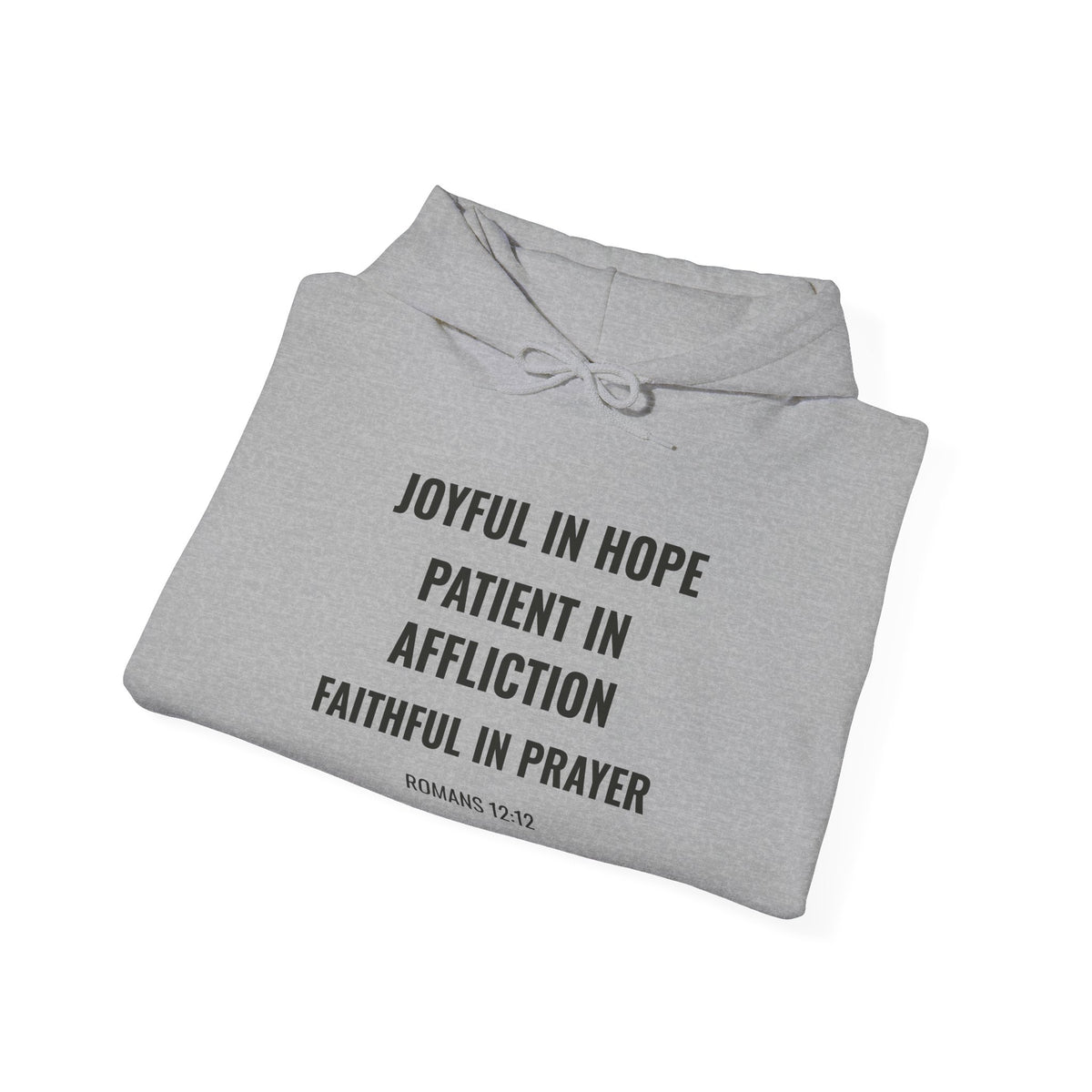 Joyful in Hope Romans 12:12 hoodie in sport grey, folded mockup