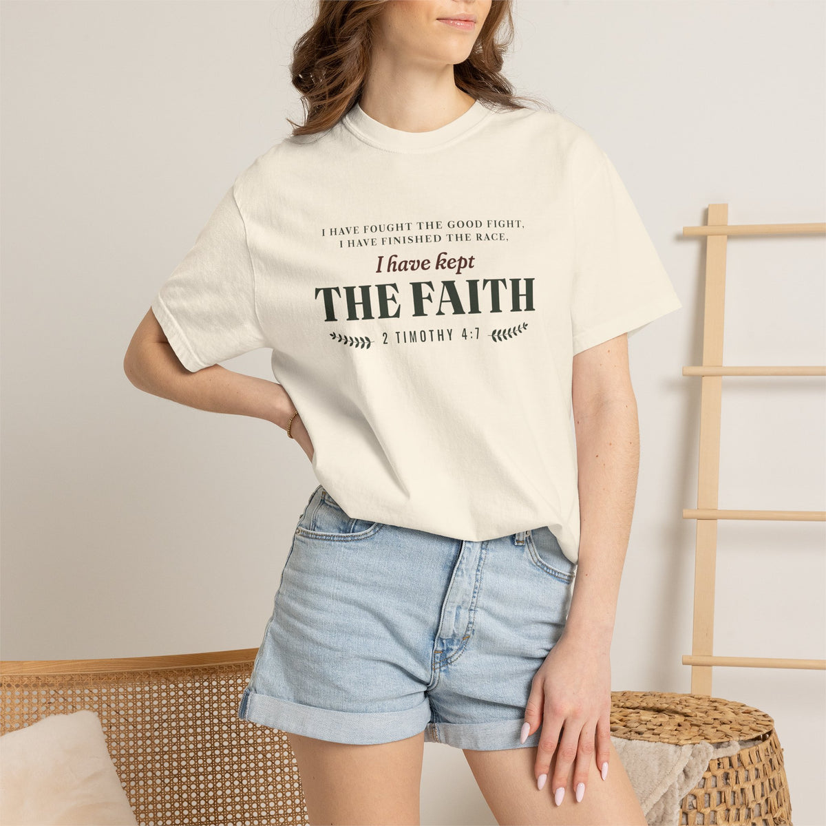 Kept the Faith 2 Timothy 4:7 tee in Ivory, front, model lifestyle