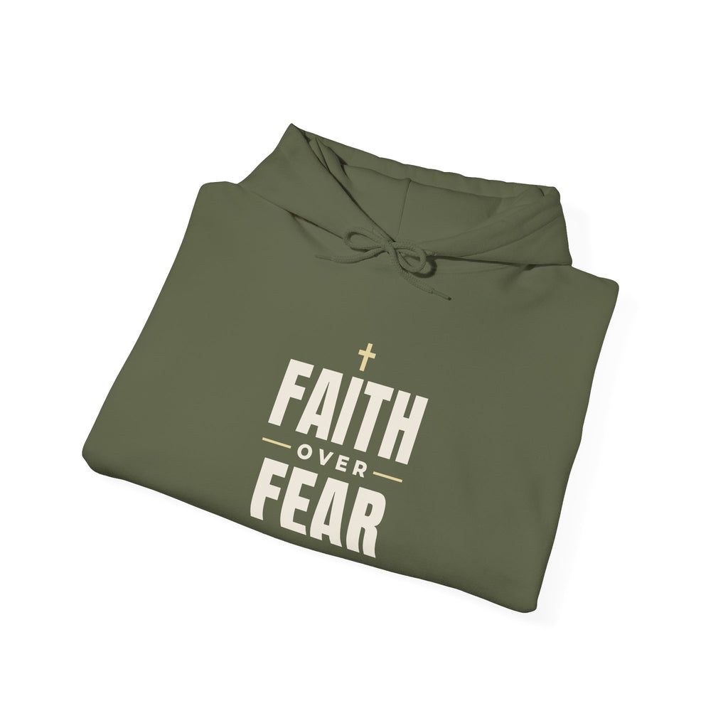 Faith Over Fear Christian hoodie in military green, folded mockup