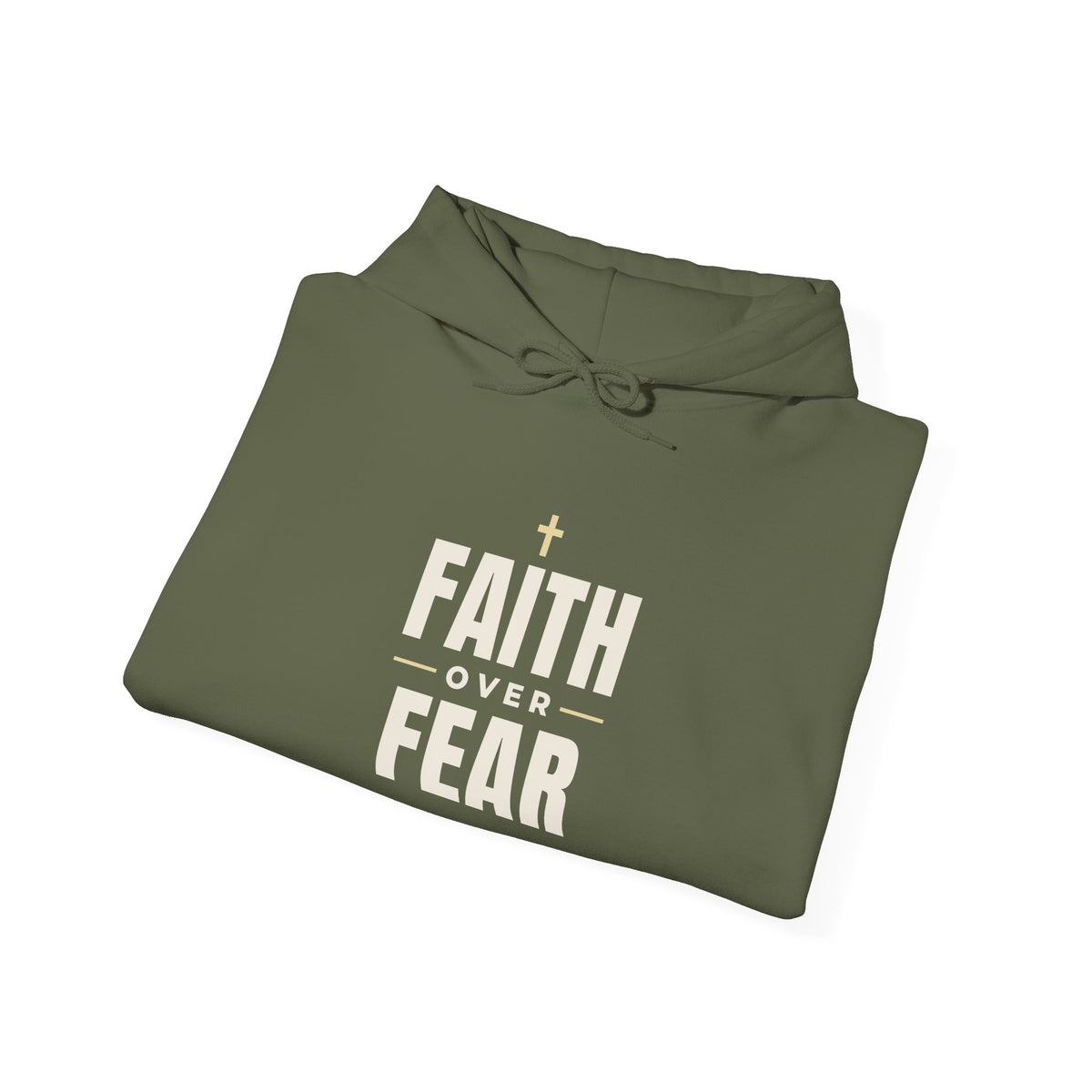 Faith Over Fear Christian hoodie in military green, folded mockup