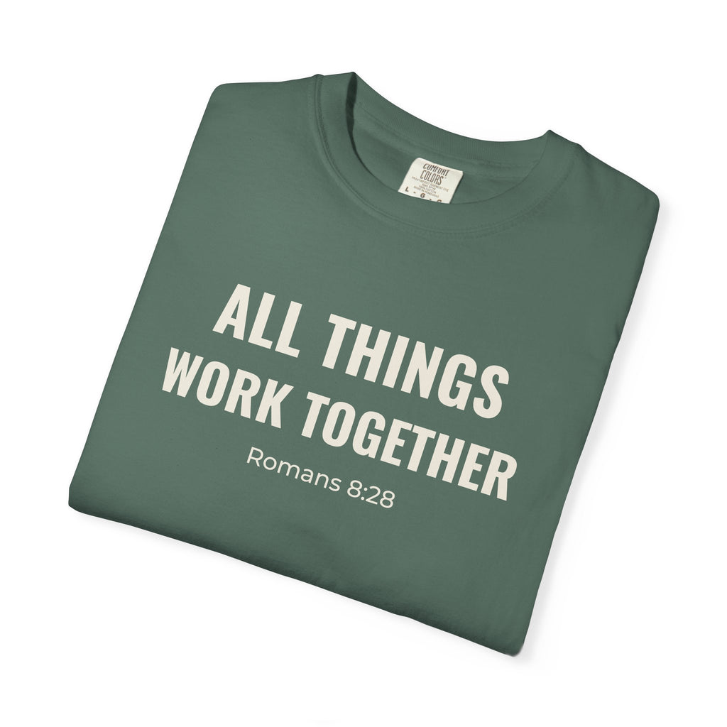 All Things Work Together Romans 8:28 tee in blue spruce, folded mockup