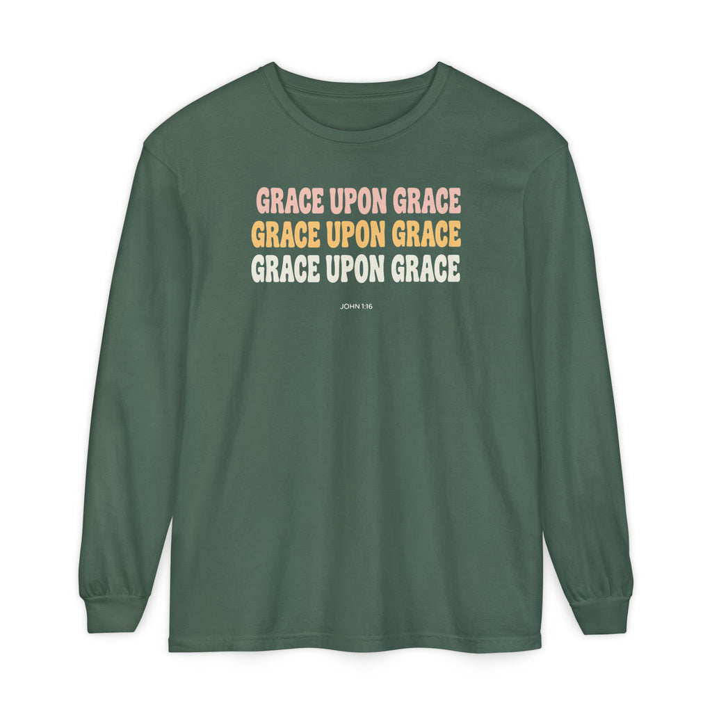 Grace Upon Grace John 1:16 long sleeve tee in blue spruce, front mockup