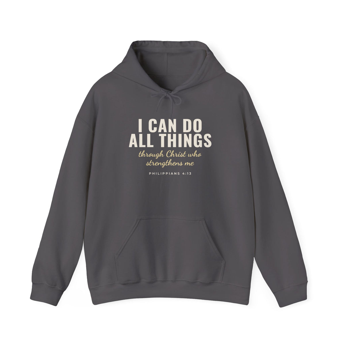 I Can Do All Things Philippians 4:13 Christian hoodie in charcoal, front mockup