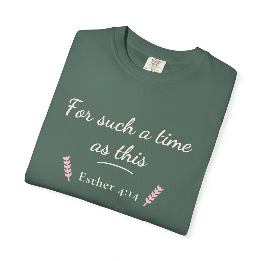 For Such a Time as This Esther 4:14 tee in blue spruce, folded mockup