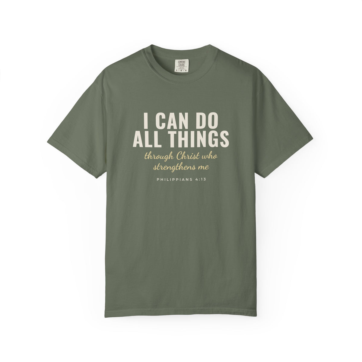 I Can Do All Things Philippians 4:13 Christian tee in moss, front mockup
