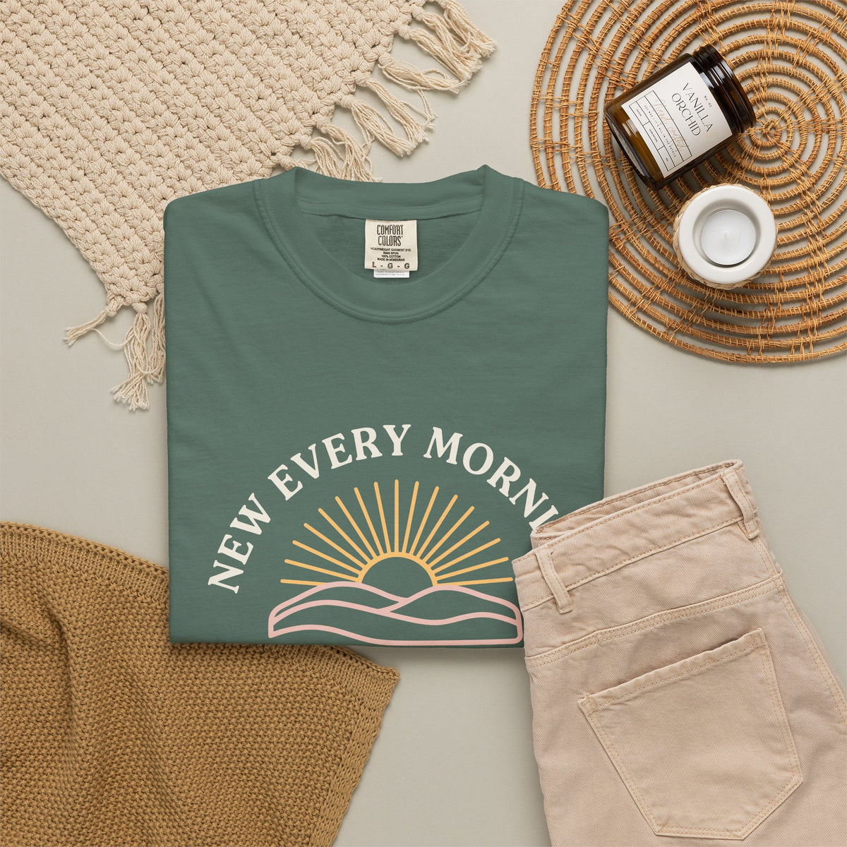 New Every Morning Lamentations 3:22-23 tee in blue spruce, folded flat lay mockup