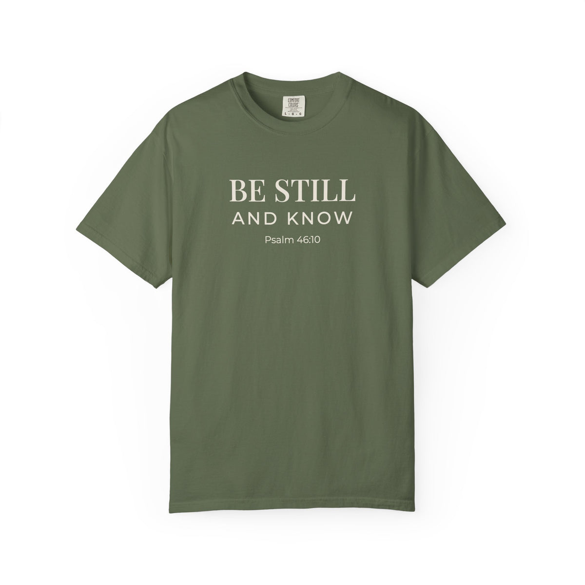 Be Still and Know Psalm 46:10 tee in sage, front mockup