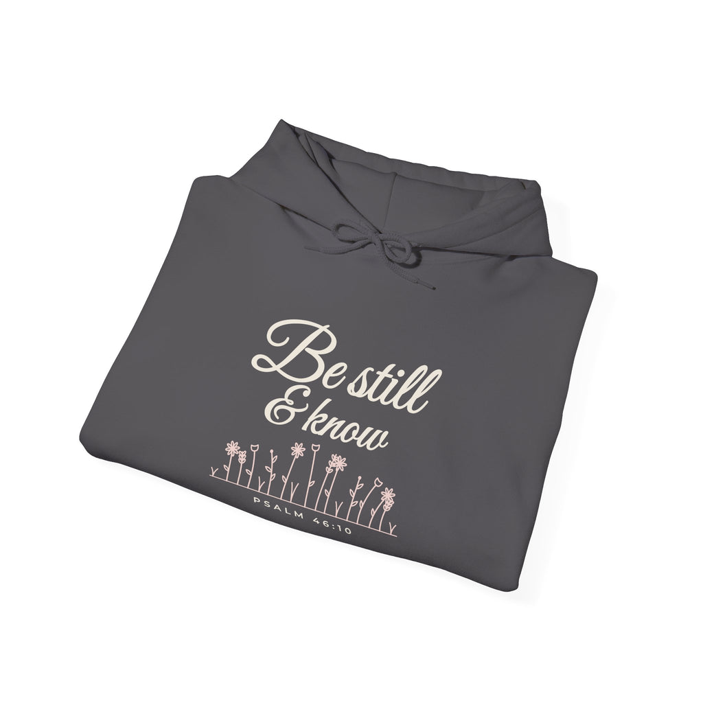 Be Still & Know Wildflower Psalm 46:10 Christian hoodie in charcoal, folded mockup