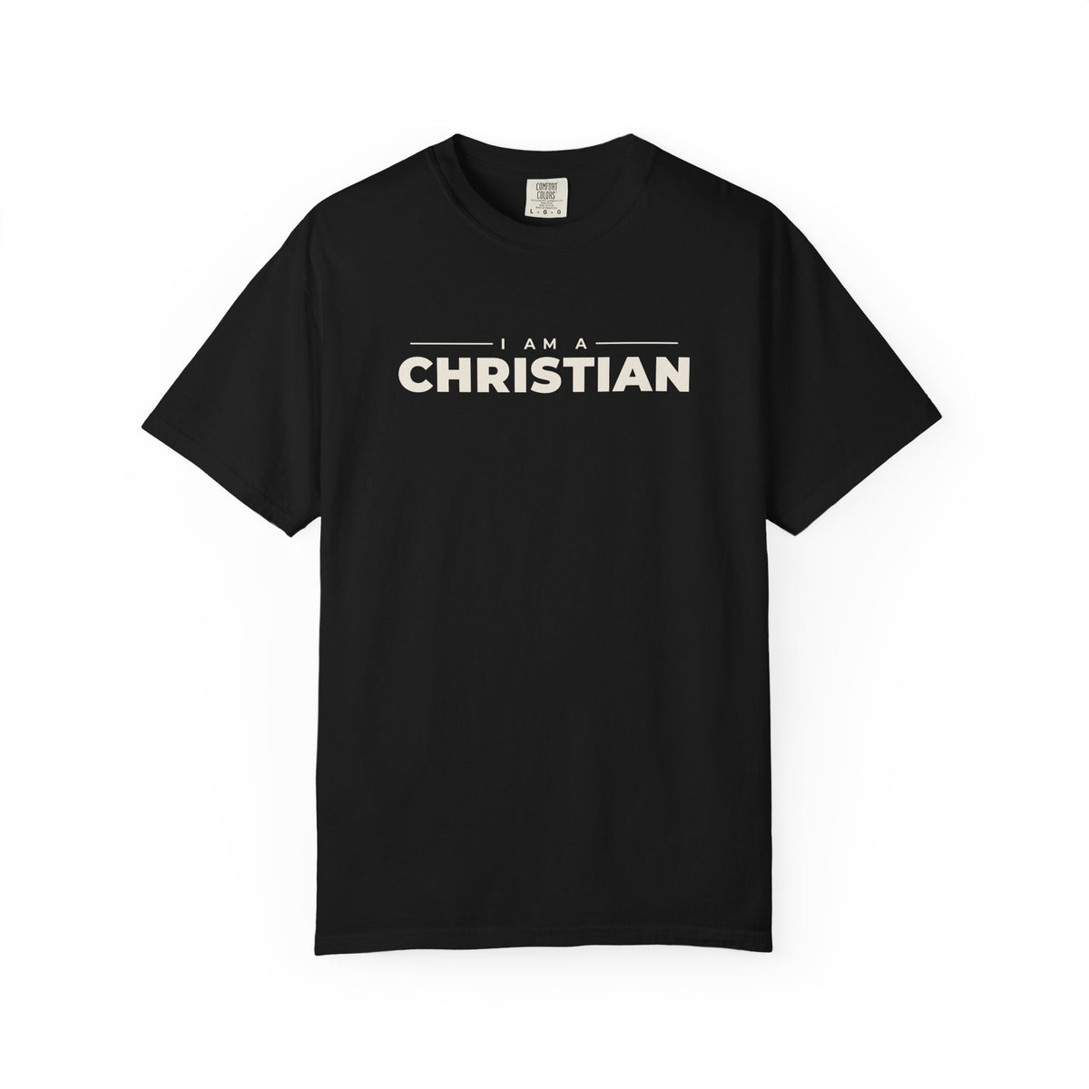 I Am a Christian Christian tee in black, front mockup