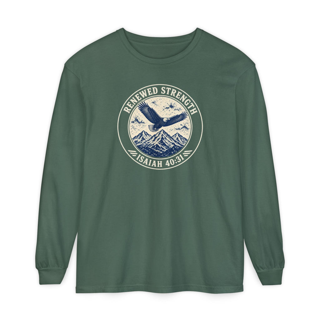 Renew Your Strength Isaiah 40:31 long sleeve tee in blue spruce, front mockup