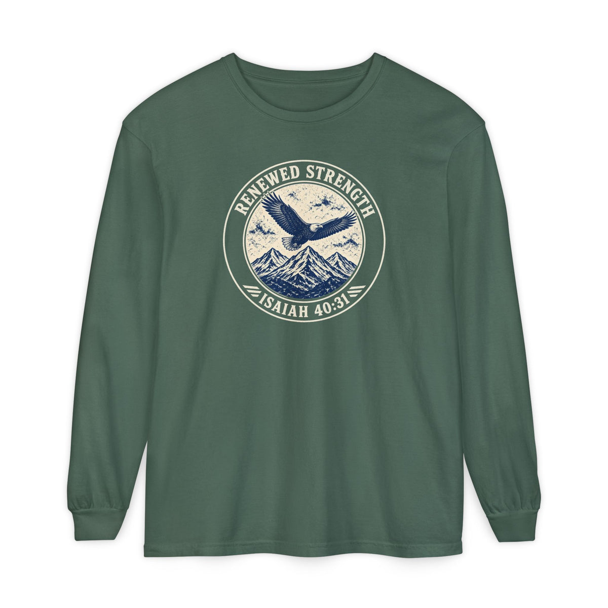 Renew Your Strength Isaiah 40:31 long sleeve tee in blue spruce, front mockup