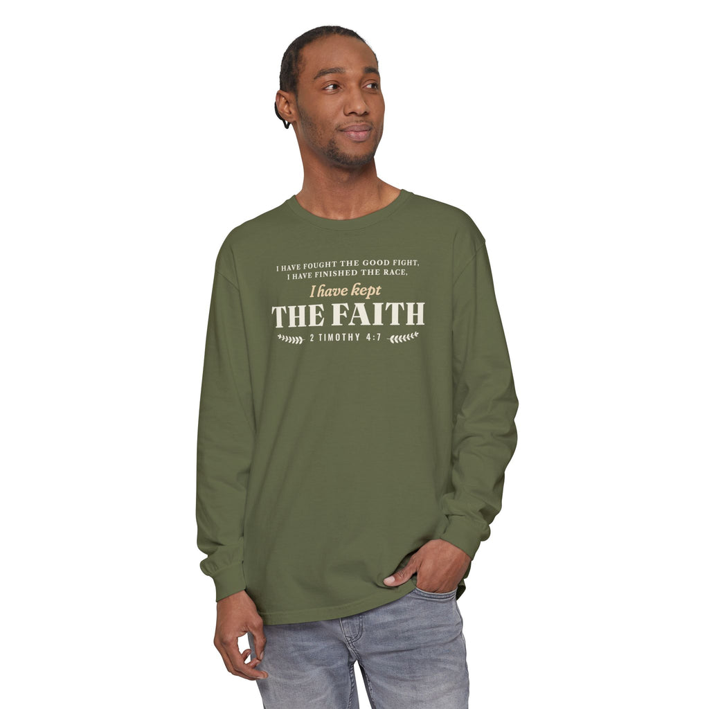 Kept the Faith 2 Timothy 4:7 long sleeve tee in Hemp, front, model