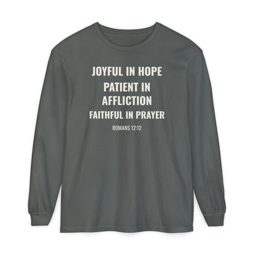 Joyful in Hope Romans 12:12 long sleeve tee in pepper, front mockup