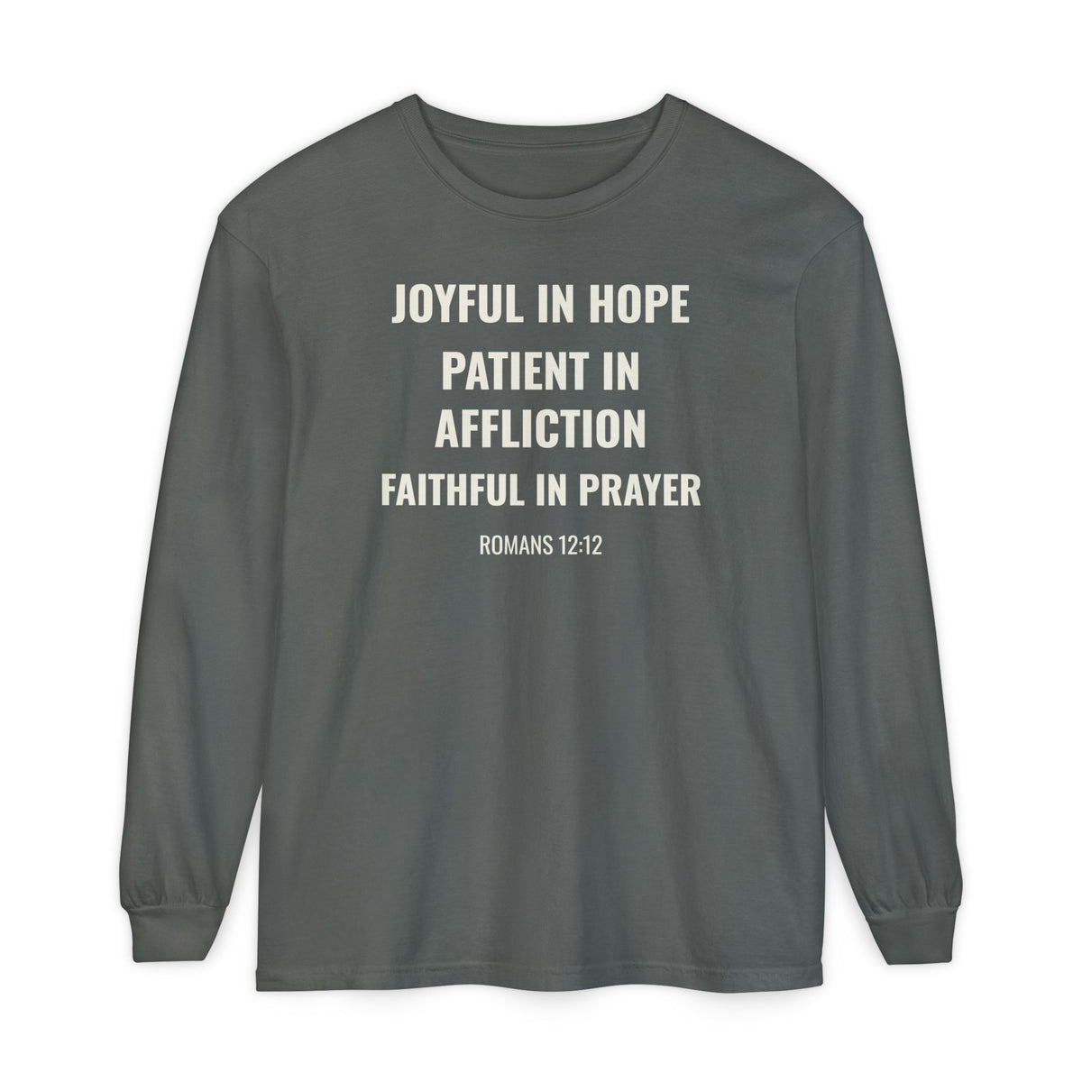 Joyful in Hope Romans 12:12 long sleeve tee in pepper, front mockup