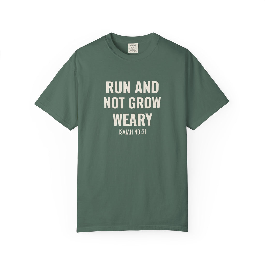 Run and Not Grow Weary Isaiah 40:31 tee in blue spruce, front mockup