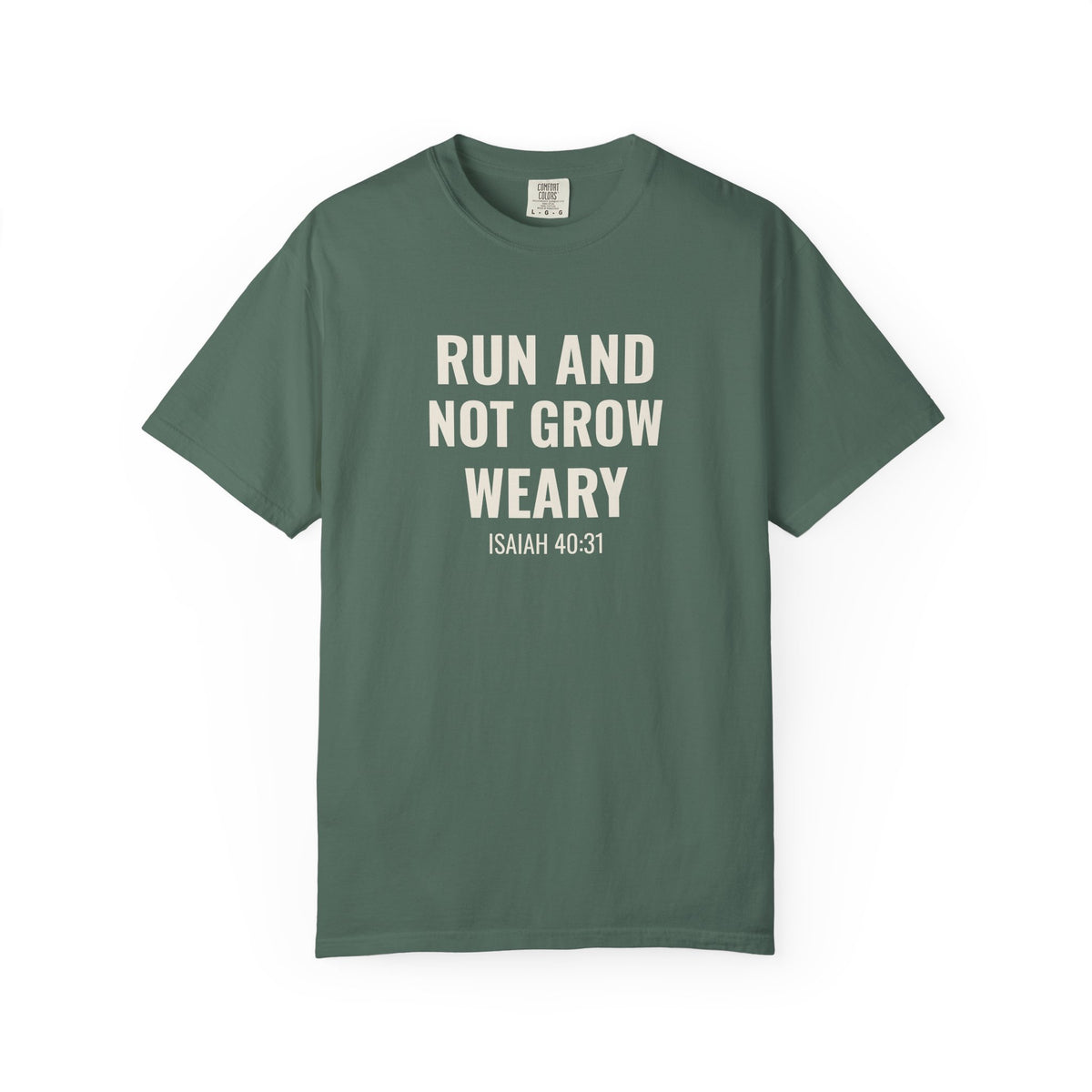 Run and Not Grow Weary Isaiah 40:31 tee in blue spruce, front mockup