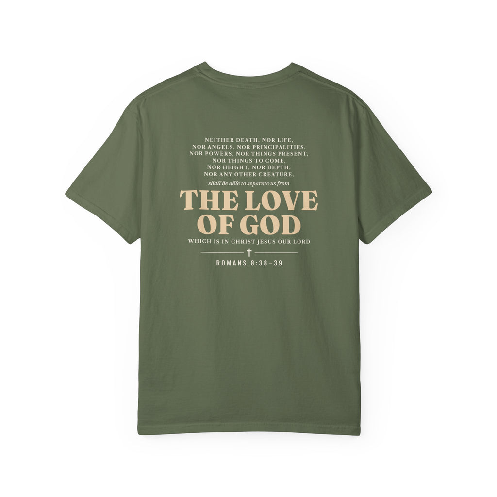 Nothing Can Separate Us Romans 8:38-39 tee in Sage, back print mockup