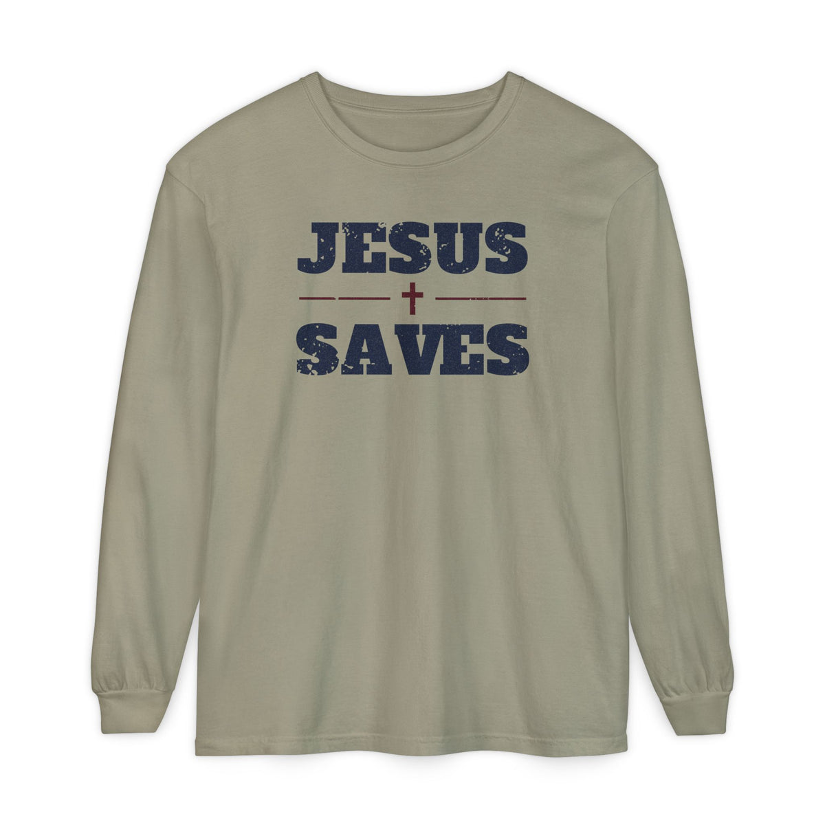 Jesus Saves Christian long sleeve tee in sandstone, front mockup