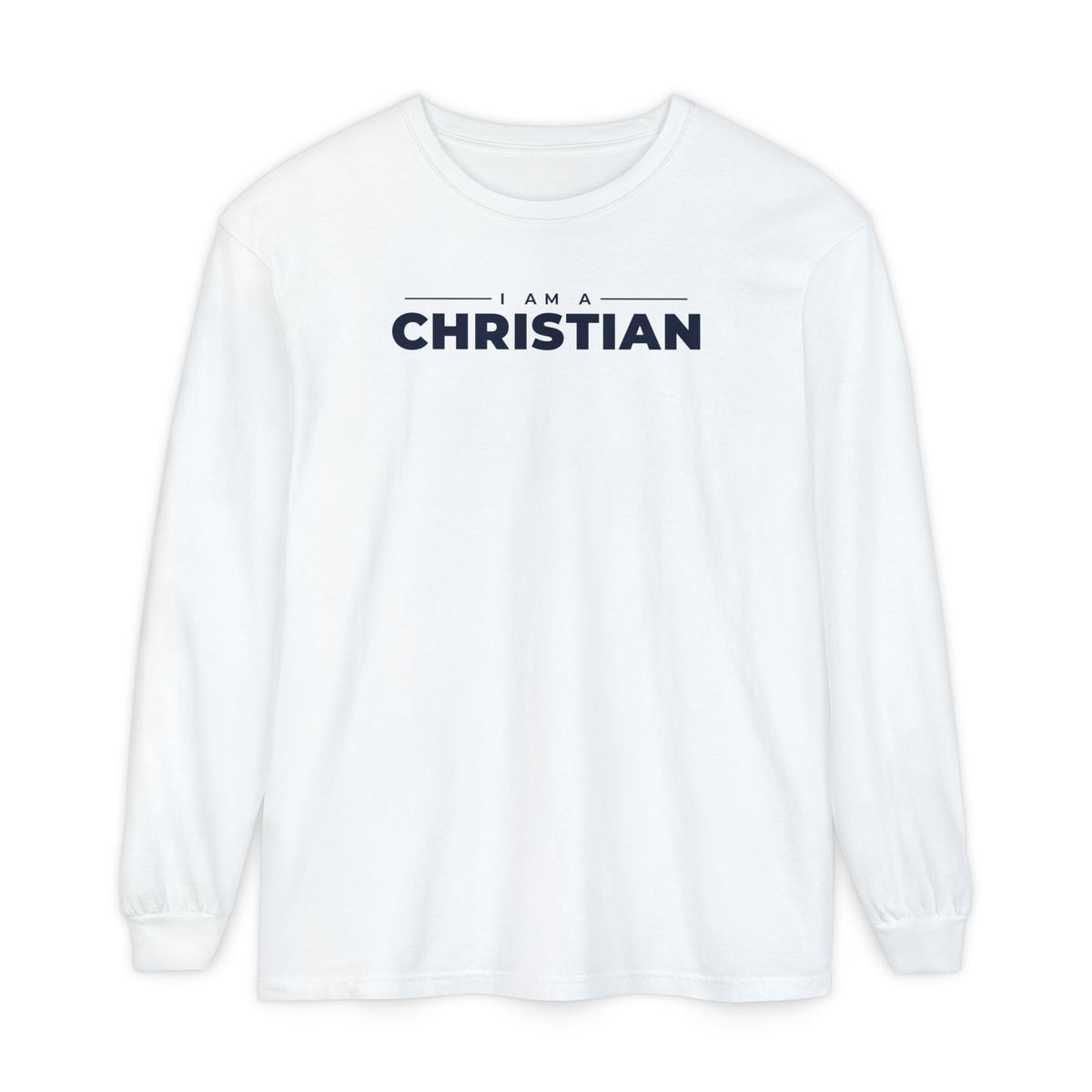 I Am a Christian Christian long sleeve tee in white, front mockup