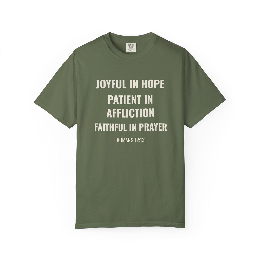 Joyful in Hope Romans 12:12 tee in sage, front mockup