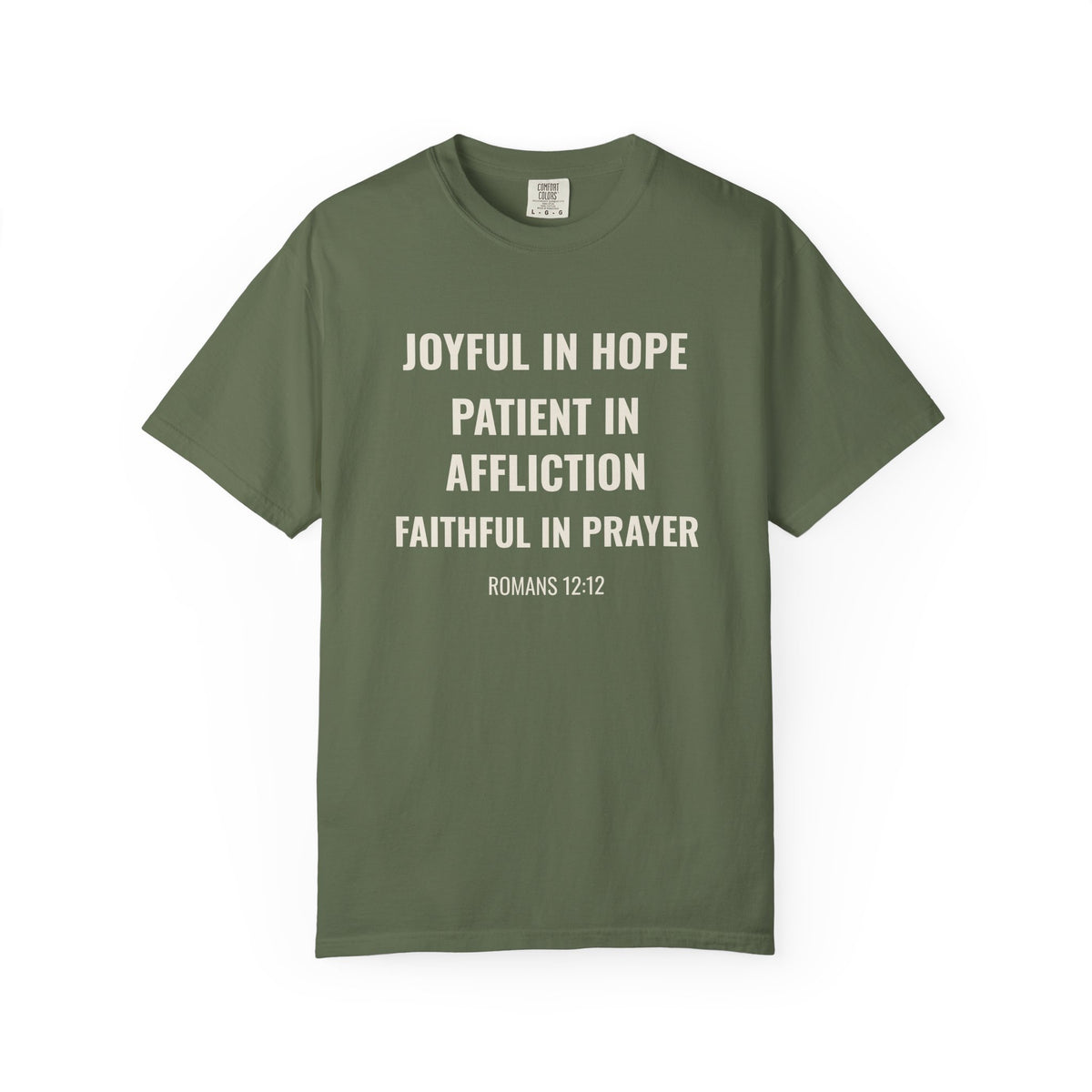 Joyful in Hope Romans 12:12 tee in sage, front mockup