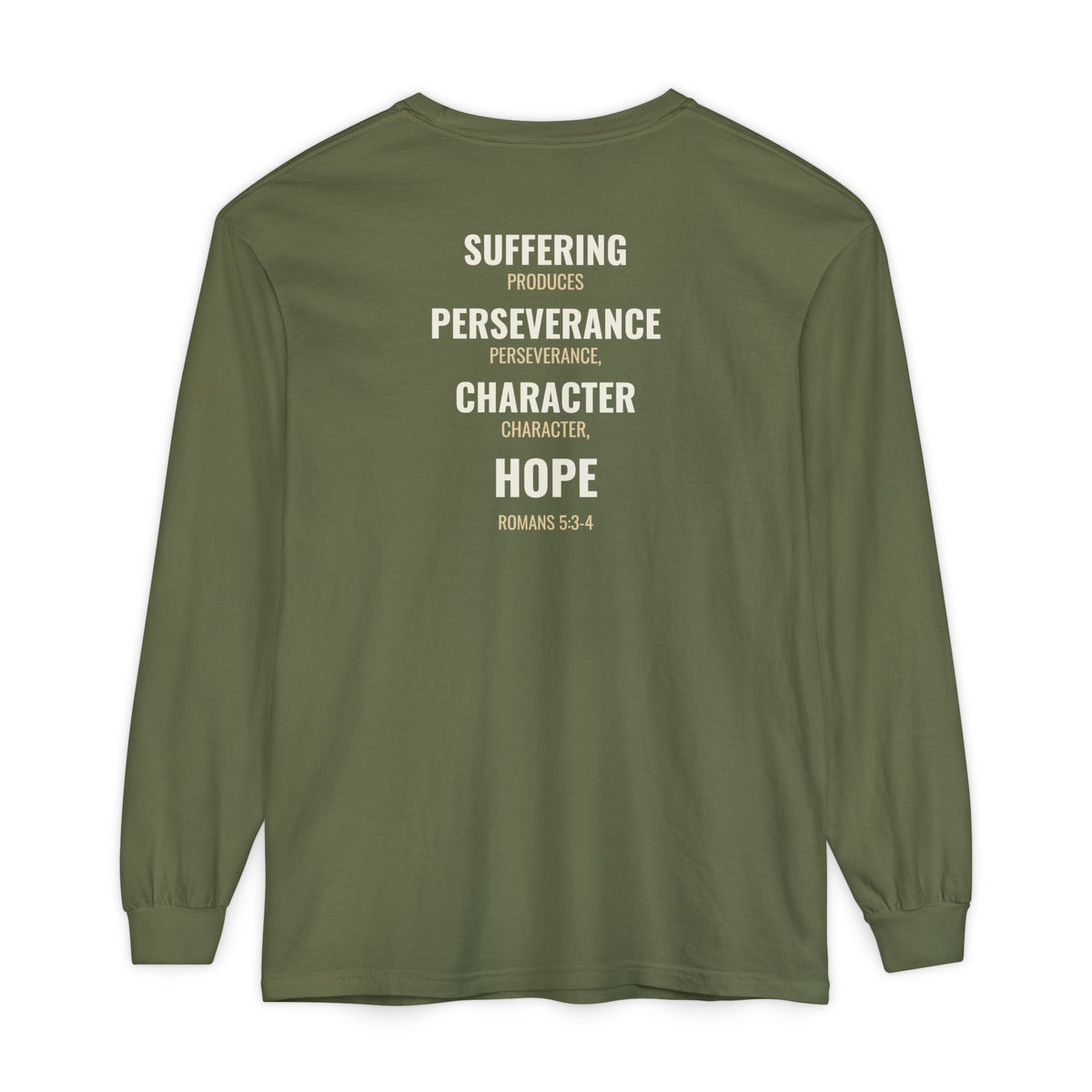 Suffering Produces Hope Romans 5:3-4 long sleeve tee in hemp, back (Romans 5:3-4 back print) mockup