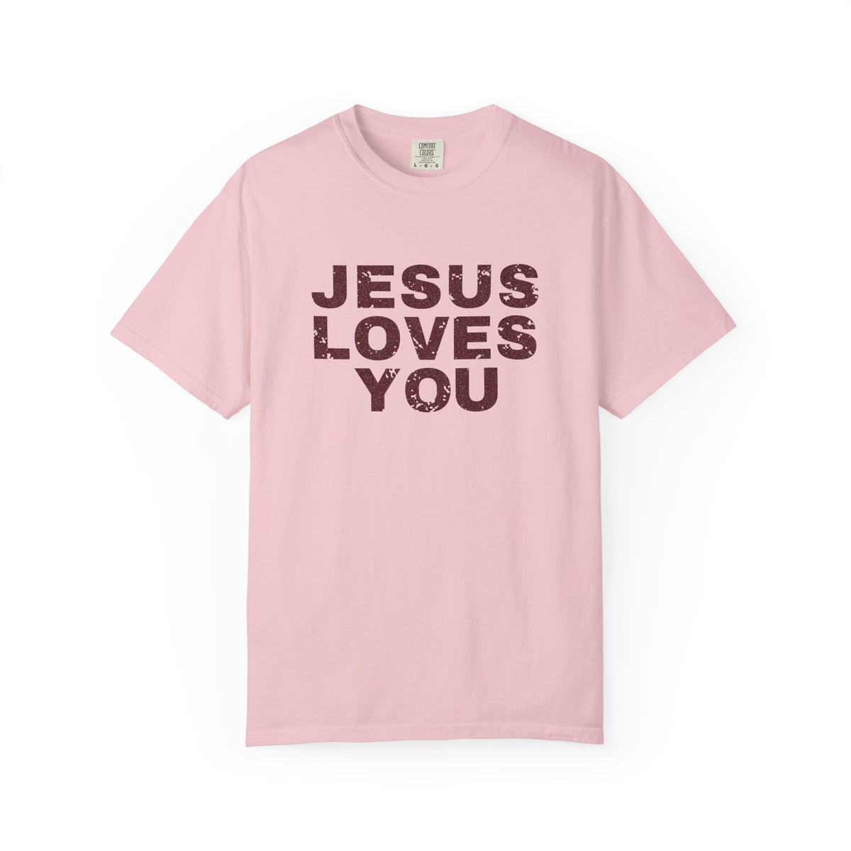 Jesus Loves You Christian tee in blossom, front mockup