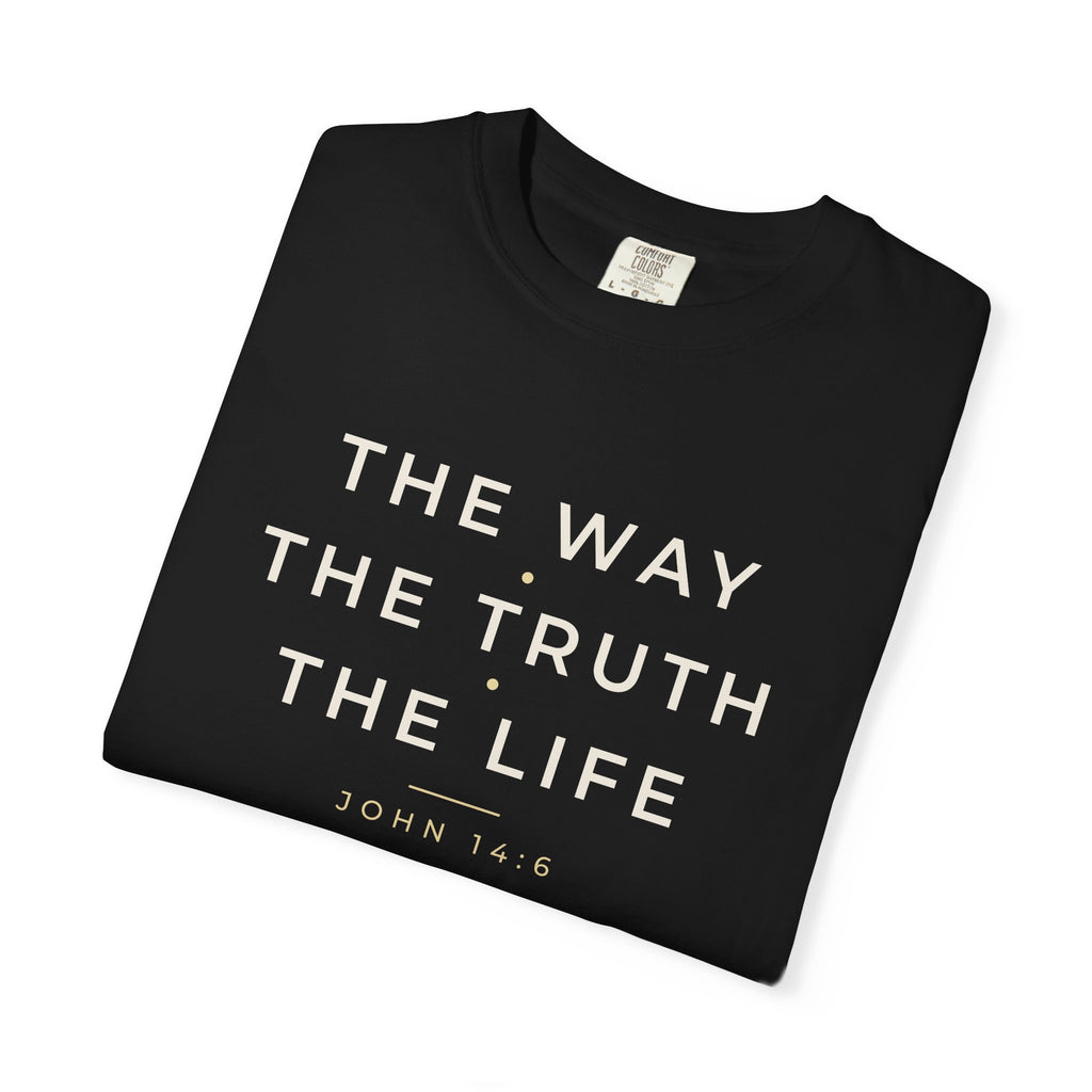 The Way The Truth The Life John 14:6 Christian tee in black, folded mockup