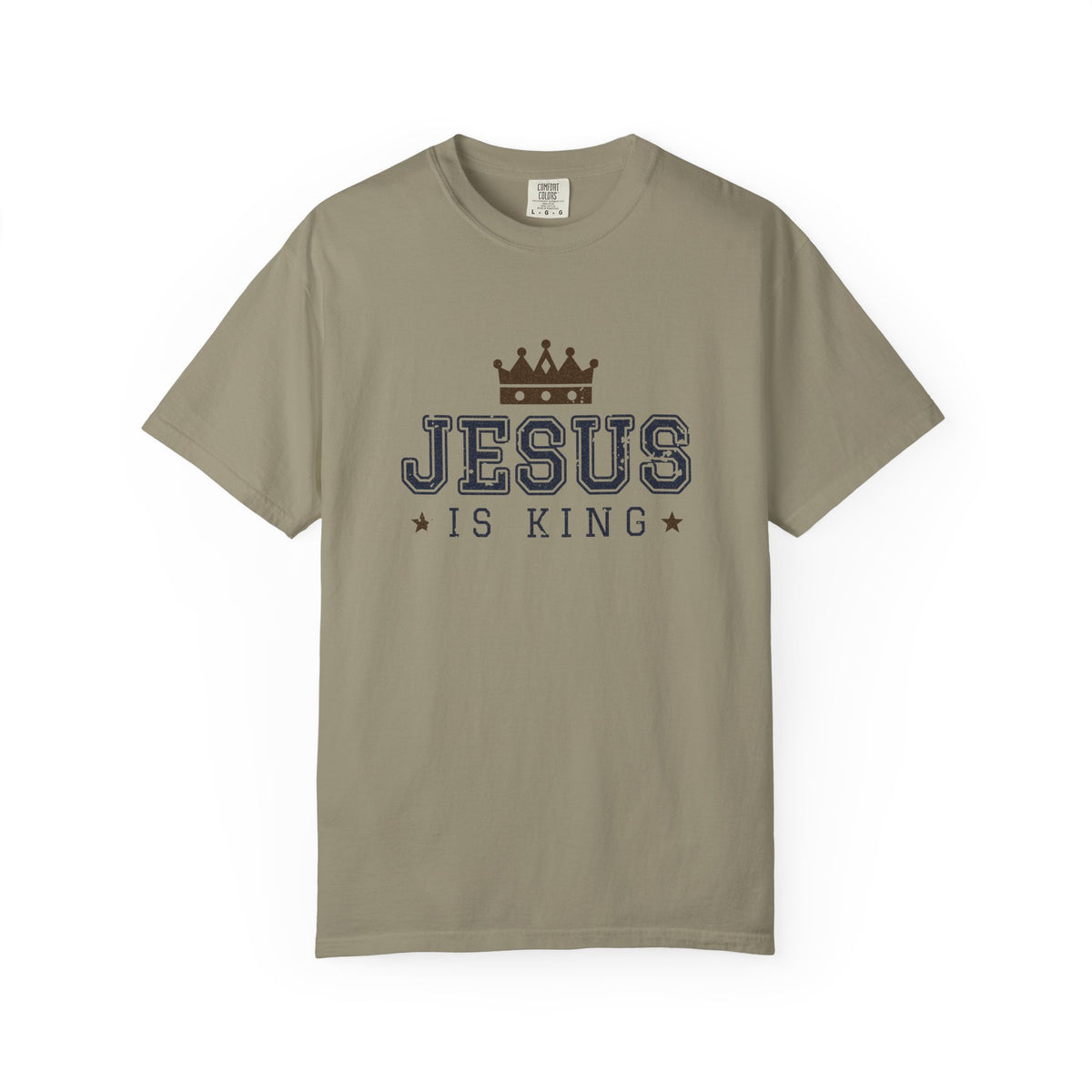 Jesus Is King Christian tee in sandstone, front mockup