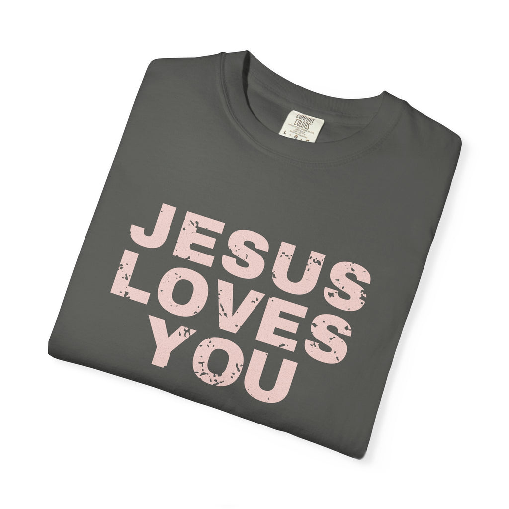 Jesus Loves You Christian tee in pepper, folded mockup