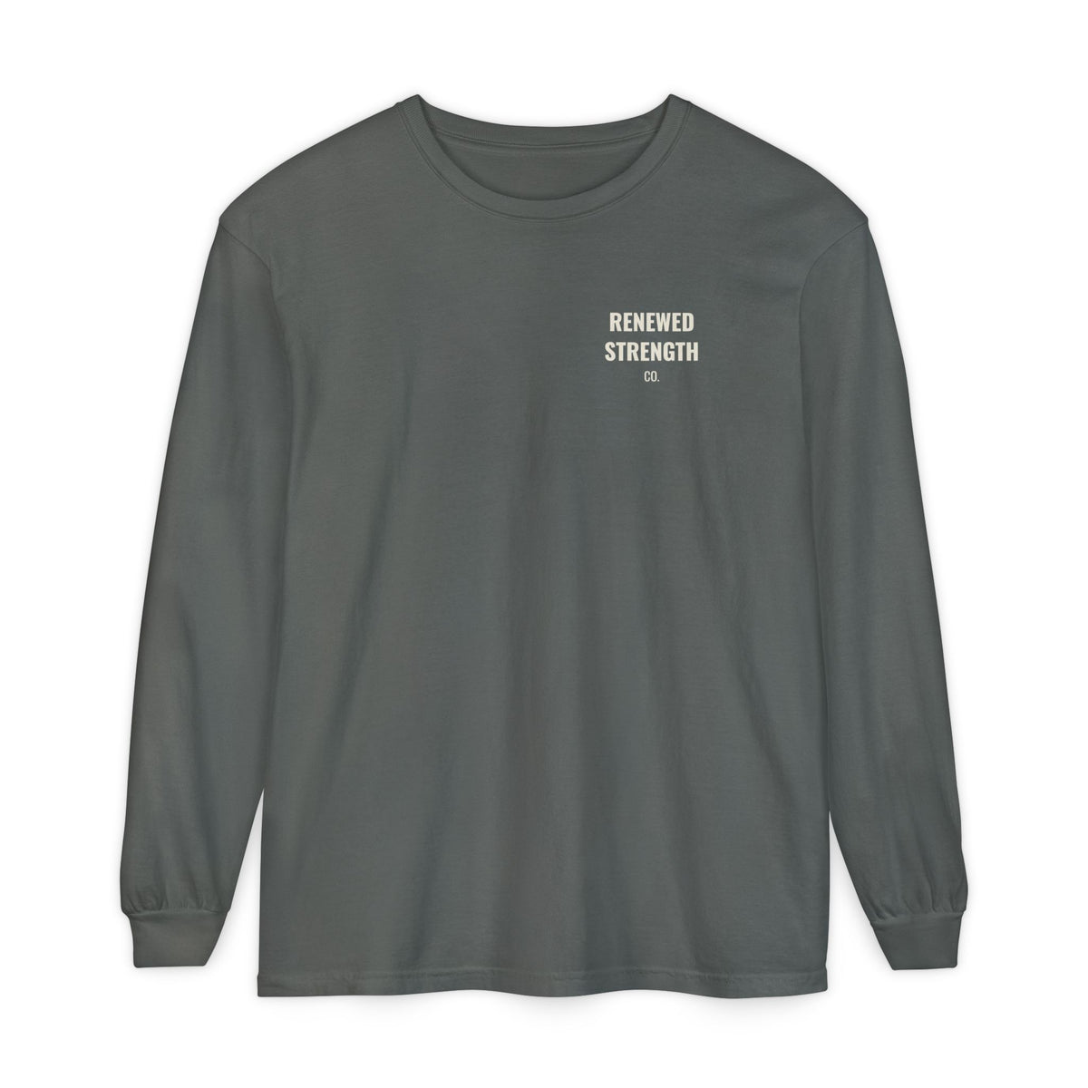 Nothing Can Separate Us Romans 8:38-39 long sleeve tee in Pepper, front with left-chest logo mockup