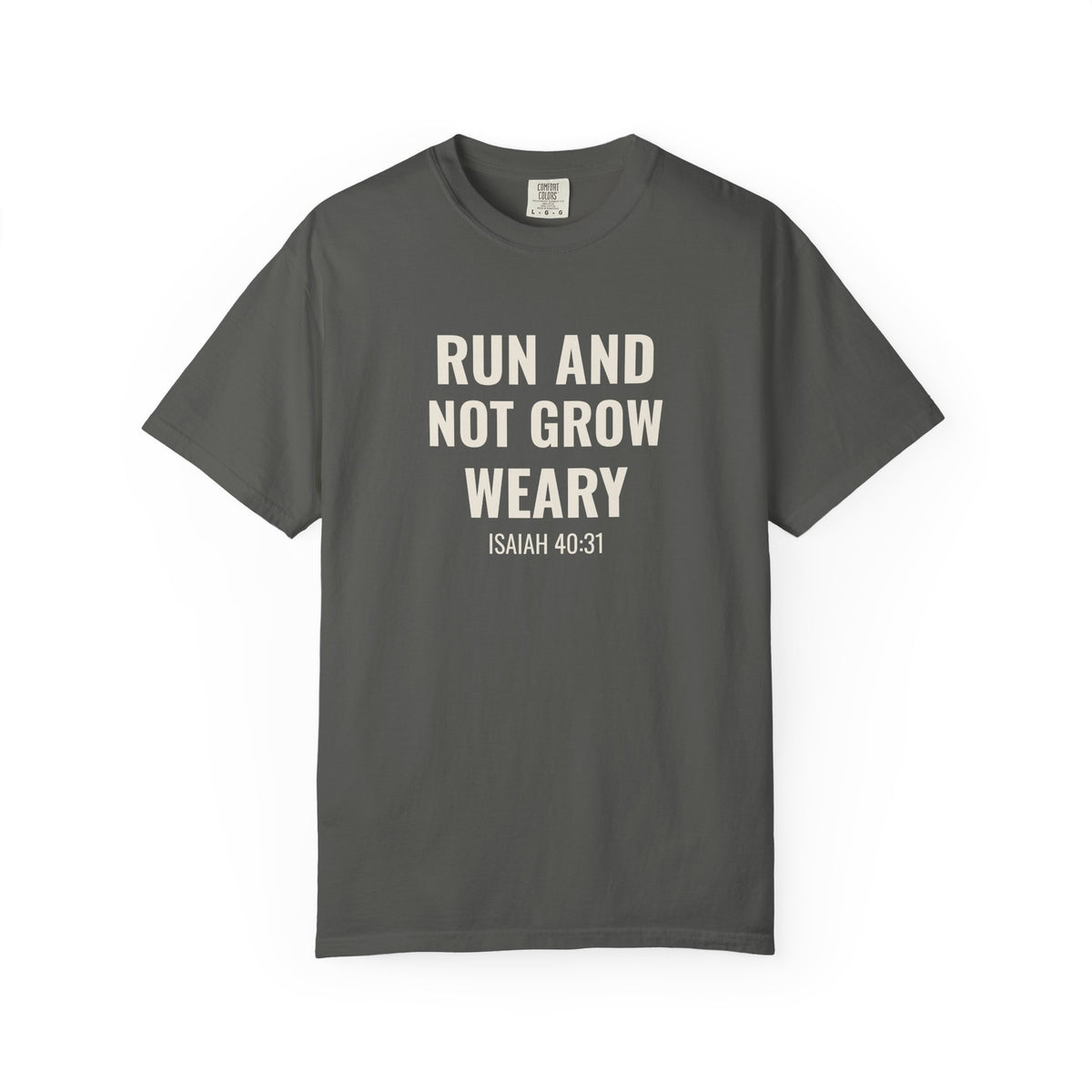 Run and Not Grow Weary Isaiah 40:31 tee in pepper, front mockup