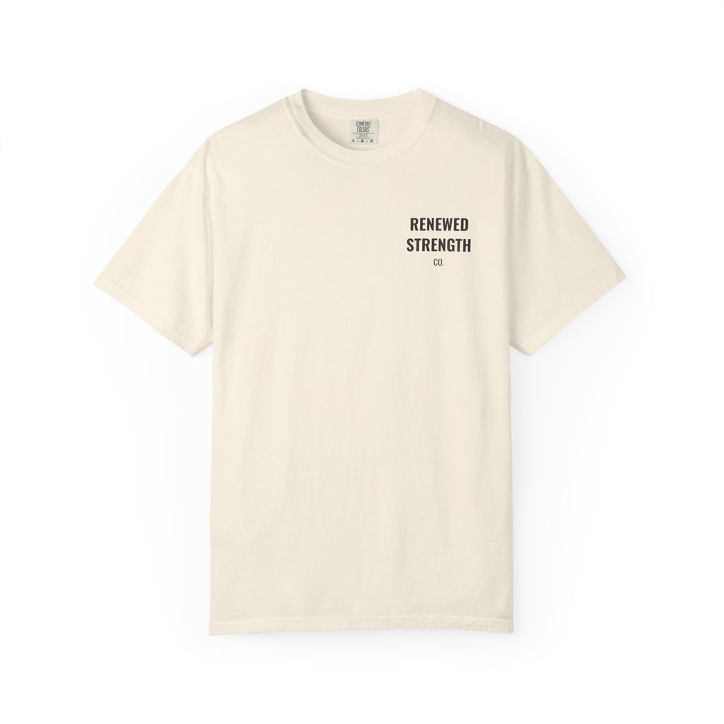 Suffering Produces Hope Romans 5:3-4 tee in ivory, front (left-chest logo) mockup