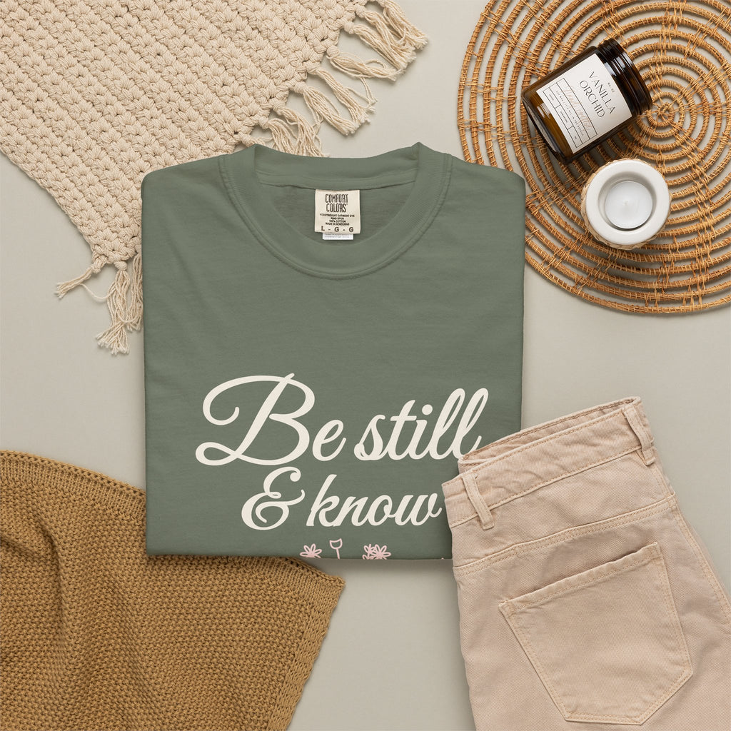 Be Still & Know Wildflower Psalm 46:10 Christian tee in moss, folded flat lay