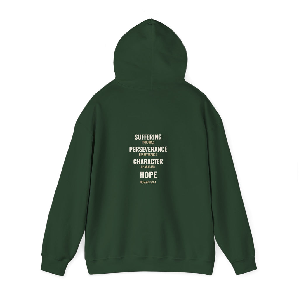 Suffering Produces Hope Romans 5:3-4 hoodie in forest green, back angle (Romans 5:3-4 back print) mockup