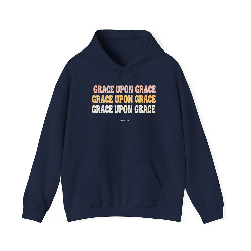 Grace Upon Grace John 1:16 hoodie in navy, front mockup