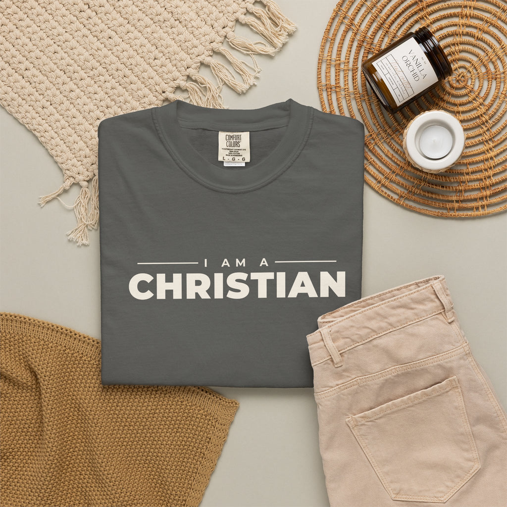 I Am a Christian Christian tee in pepper, folded flat lay