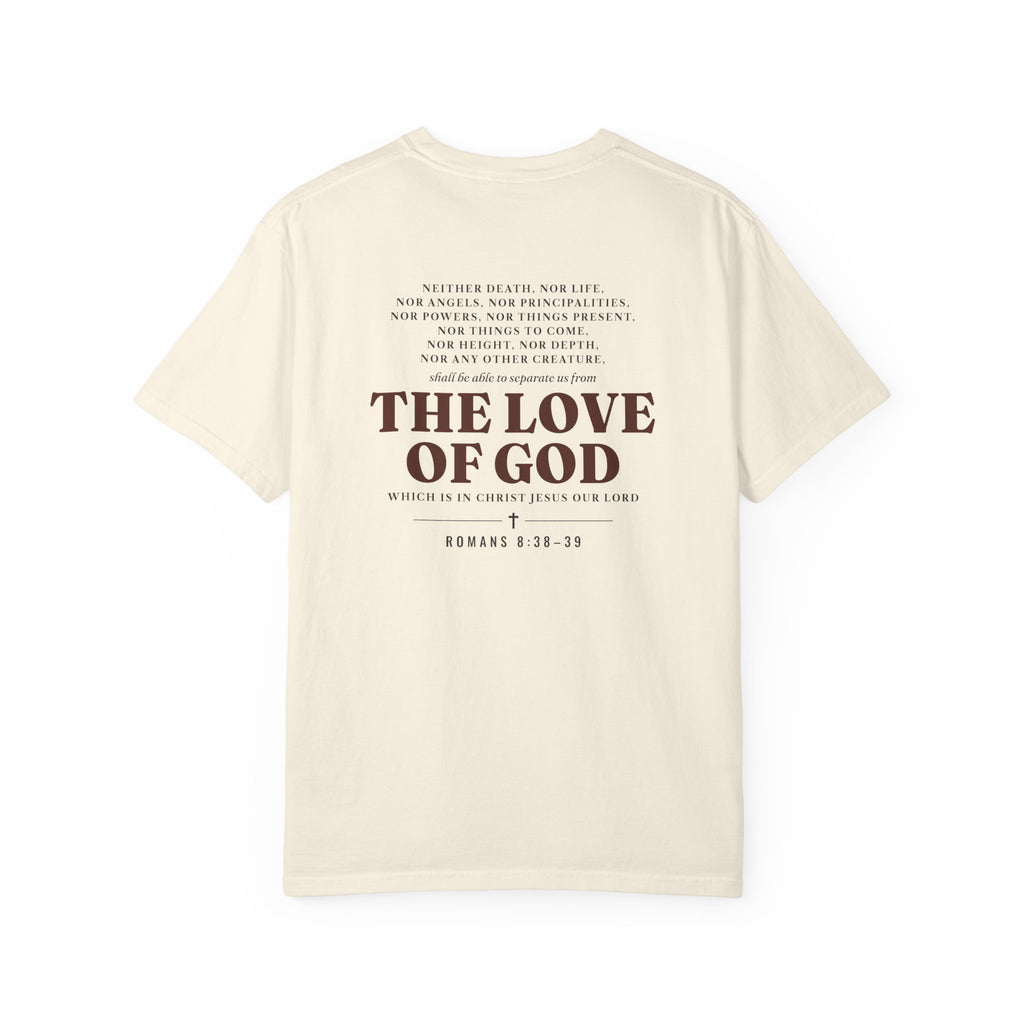 Nothing Can Separate Us Romans 8:38-39 tee in Ivory, back print mockup