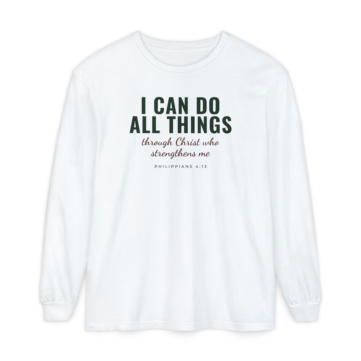 I Can Do All Things Philippians 4:13 Christian long sleeve tee in white, front mockup