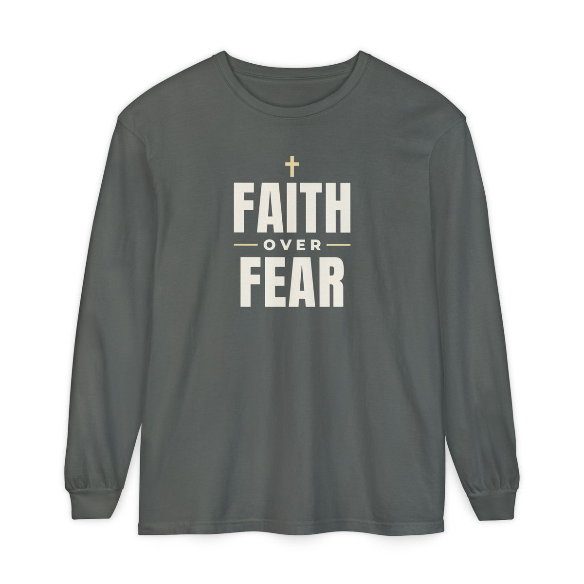 Faith Over Fear Christian long sleeve tee in pepper, front mockup
