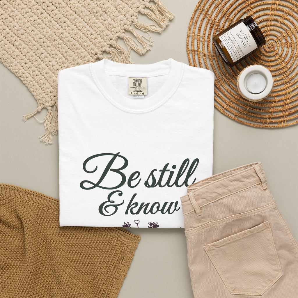 Be Still & Know Wildflower Psalm 46:10 Christian tee in white, folded flat lay