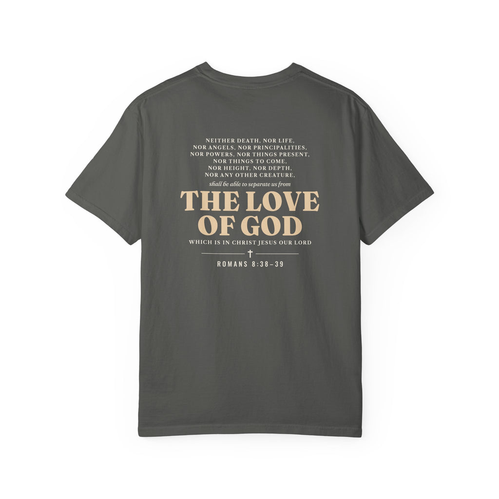Nothing Can Separate Us Romans 8:38-39 tee in Pepper, back print mockup