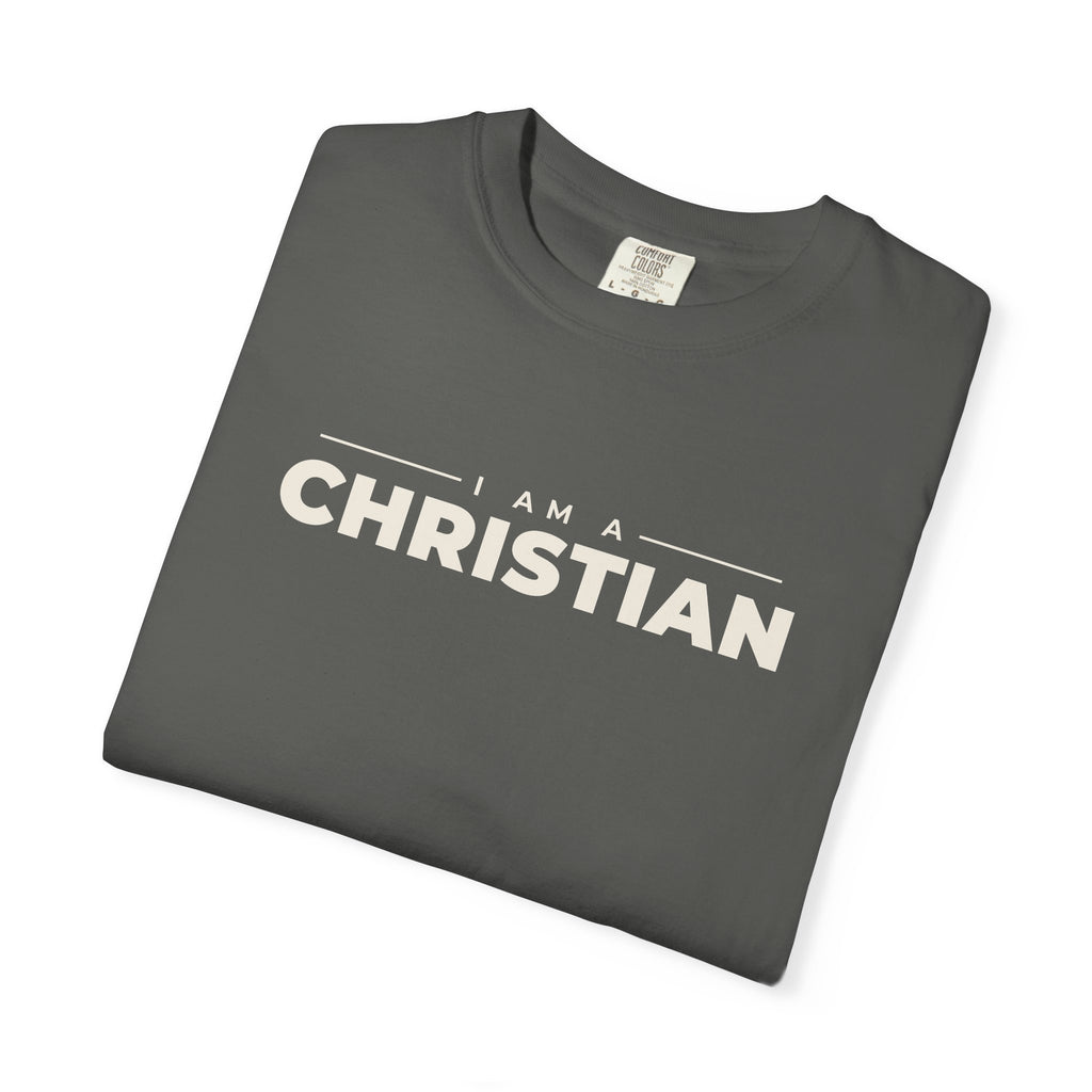 I Am a Christian Christian tee in pepper, folded mockup
