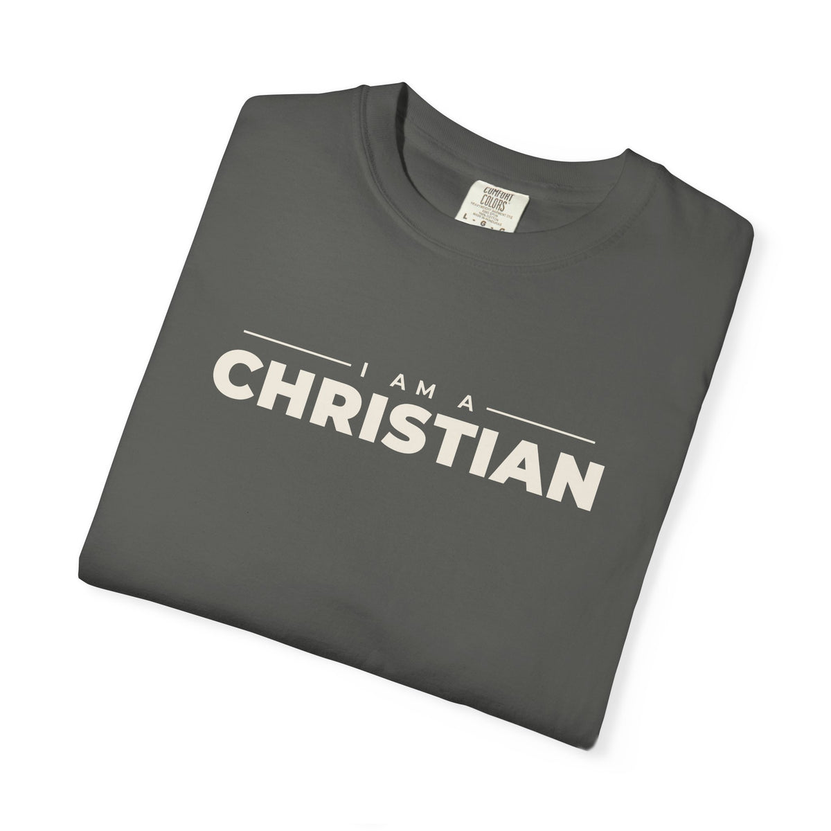 I Am a Christian Christian tee in pepper, folded mockup