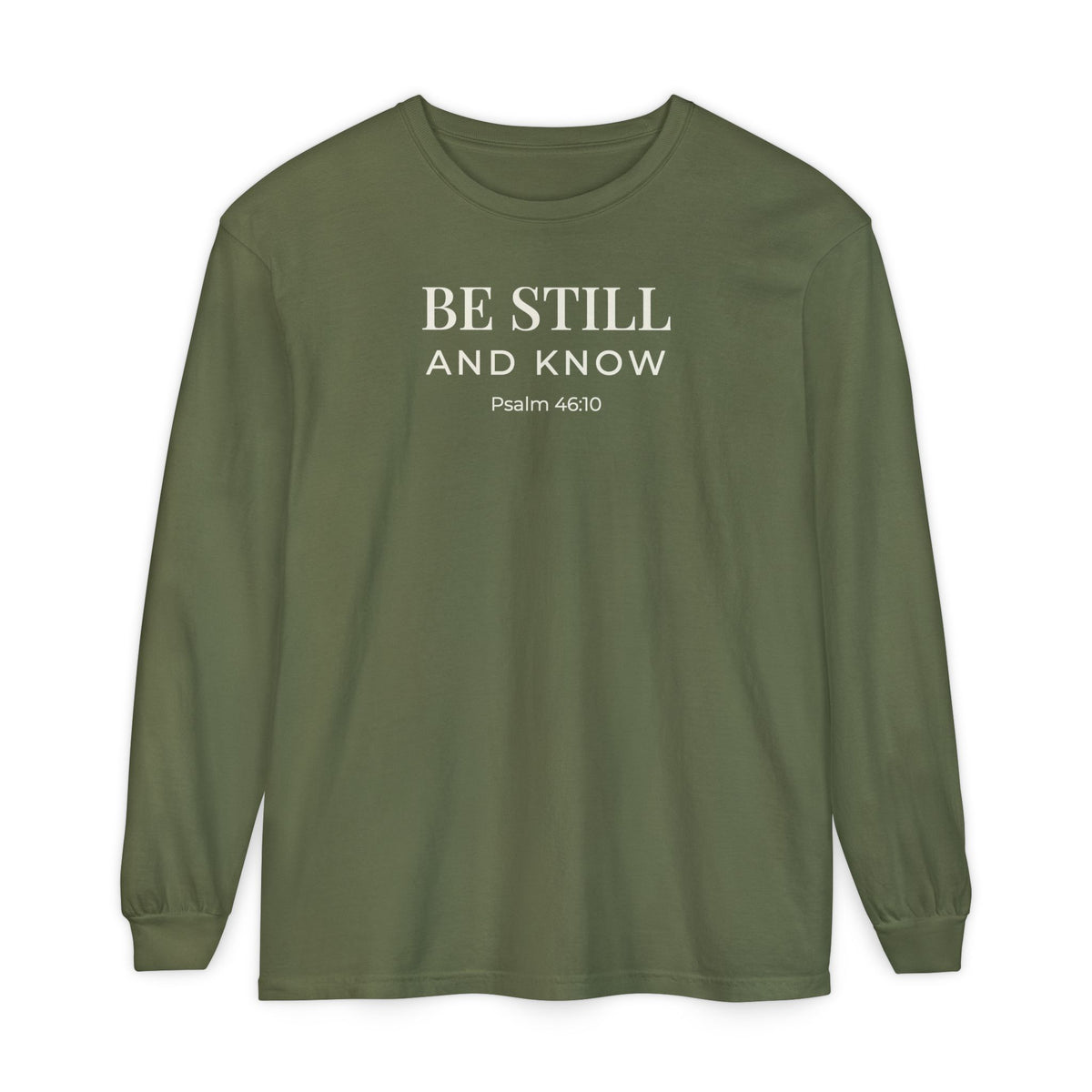 Be Still and Know Psalm 46:10 long sleeve tee in hemp, front mockup